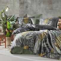 Lenjerie premium Lux Satin 100% Bumbac 4 piese king size 240 x 260 cm, Imprimeu Exotic, Verde / Negru, Clasy BOTANICA