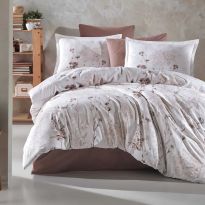 Lenjerie de pat dublu Bumbac 100% Ranforce 4 piese king size 240 x 260 cm, Imprimeu floral, Alb / Bej, Clasy LUDI