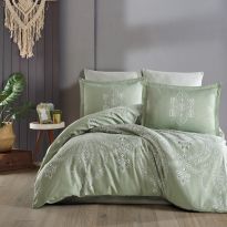 Lenjerie premium Lux Satin 100% Bumbac 4 piese king size 240 x 260 cm, Imprimeu Elegant, Verde, Clasy ROVI V2