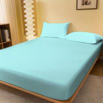 Set husa de pat si fete perne tricot jerse bumbac 100%, pentru saltea cu inaltime de 25cm si dimensiune 140x200 cm Bleu