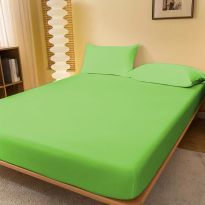 Set husa de pat si fete perne tricot jerse bumbac 100%, pentru saltea cu inaltime de 25cm si dimensiune 160x200 cm Verde