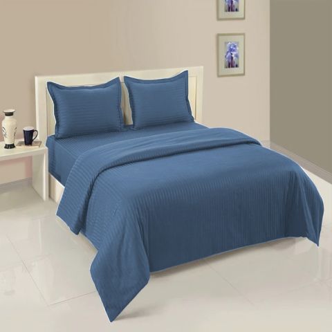 Lenjerie cu elastic la cearsaf pat Damasc Policoton dunga 1 cm, pentru saltea 140x200 cm, cearsaf pilota 160x220 cm, 2 fete perna 50x70 cm Bleu