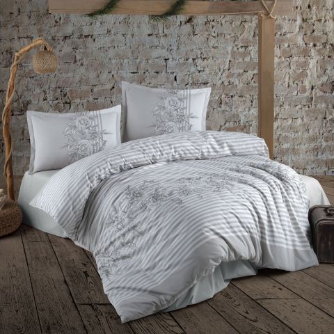 Lenjerie de pat dublu Bumbac 100% Ranforce 4 piese king size 240 x 260 cm, Flori, Bej, Clasy LATINA