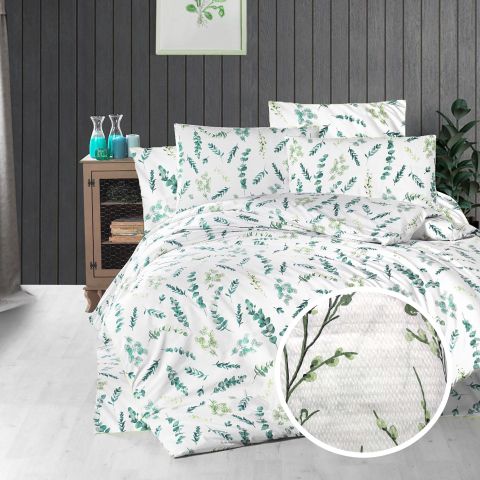 Lenjerie pat dublu Creponata 100% Bumbac, cearsaf pat 200x230 cm, pilota 180x215 cm, 2 fete perna 50x70 cm, Crengute Alb-Verde, Pucioasa