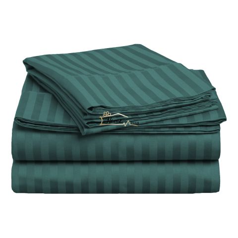 Cearsaf de pat 2 persoane Damasc Bumbac 100% tip Hotel cu dunga 1 cm, 220x240 cm, Verde Petrol 